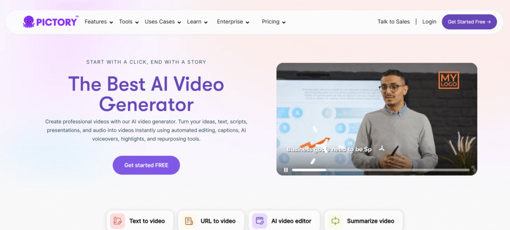Pictory User typing a script into an AI video generator interface