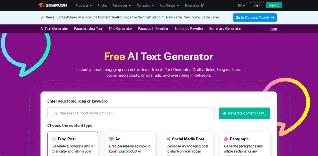 SEMrush AI tool for content marketing strategy